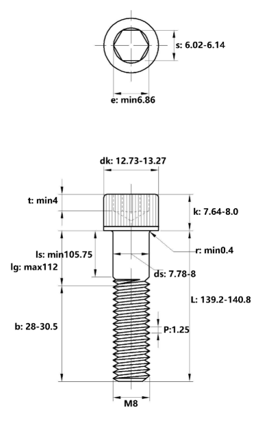 Lục Giác Chìm Đầu Trụ Thép Đen 12.9 DIN912 M8x140 Ren Lửng_drawing
