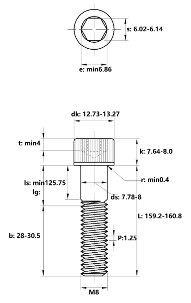 Lục Giác Chìm Đầu Trụ Thép Đen 12.9 DIN912 M8x160 Ren Lửng_drawing