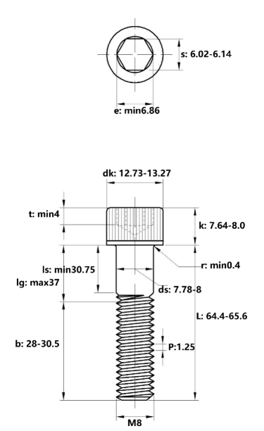 Lục Giác Chìm Đầu Trụ Thép Đen 12.9 DIN912 M8x65 Ren Lửng_drawing