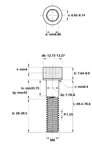 Lục Giác Chìm Đầu Trụ Thép Đen 12.9 DIN912 M8x70 Ren Lửng_drawing
