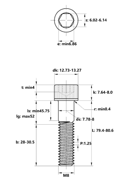 Lục Giác Chìm Đầu Trụ Thép Đen 12.9 DIN912 M8x80 Ren Lửng_drawing
