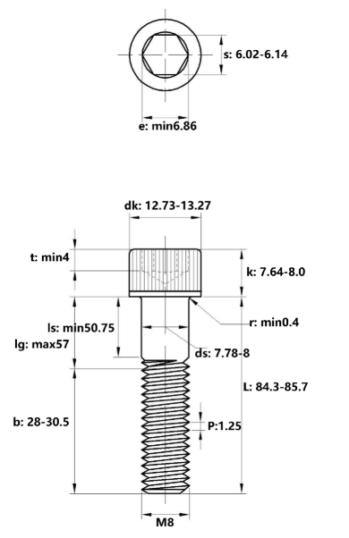 Lục Giác Chìm Đầu Trụ Thép Đen 12.9 DIN912 M8x85 Ren Lửng_drawing
