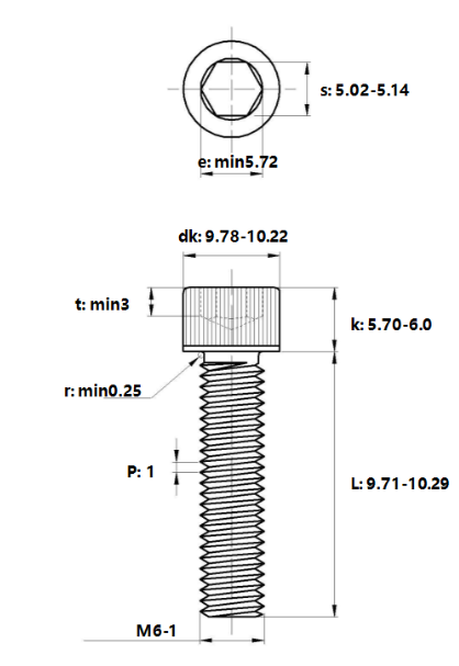 Lục Giác Chìm Đầu Trụ Thép Mạ Kẽm 12.9 DIN912 M6x10 (25Cái/Bịch)_drawing