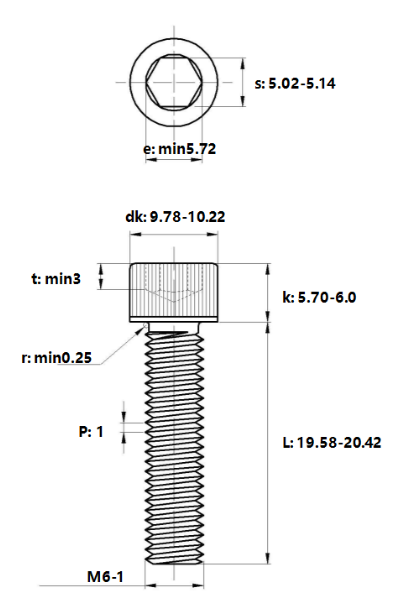 Lục Giác Chìm Đầu Trụ Thép Mạ Kẽm 12.9 DIN912 M6x20 (25Cái/Bịch)_drawing