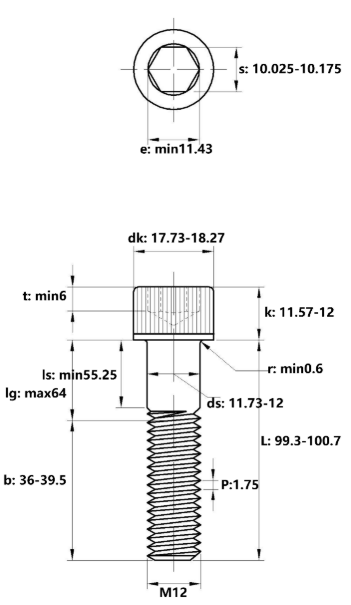 Lục Giác Chìm Đầu Trụ Thép Mạ Kẽm Trắng Cr3+ 12.9 DIN912 M12x100 Ren Lửng_drawing