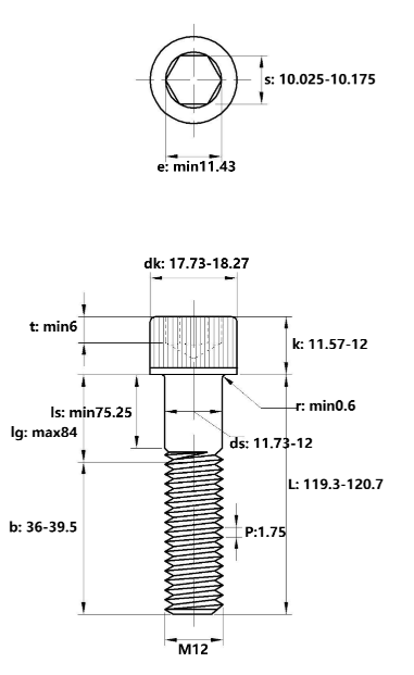 Lục Giác Chìm Đầu Trụ Thép Mạ Kẽm Trắng Cr3+ 12.9 DIN912 M12x120 Ren Lửng_drawing