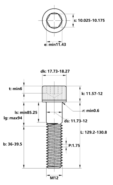 Lục Giác Chìm Đầu Trụ Thép Mạ Kẽm Trắng Cr3+ 12.9 DIN912 M12x130 Ren Lửng_drawing