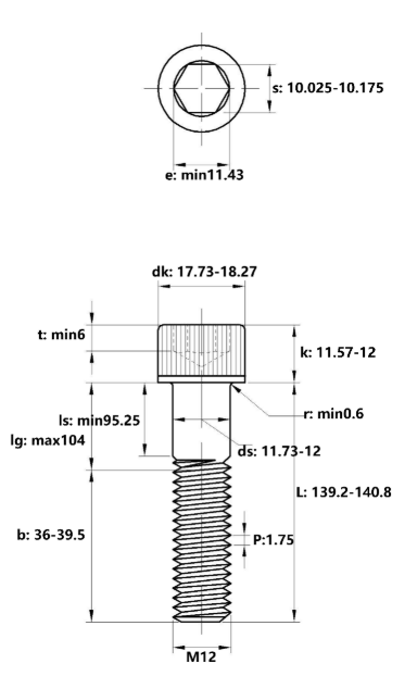Lục Giác Chìm Đầu Trụ Thép Mạ Kẽm Trắng Cr3+ 12.9 DIN912 M12x140 Ren Lửng_drawing