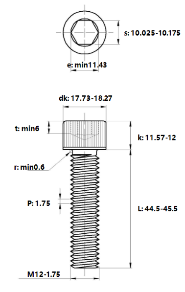 Lục Giác Chìm Đầu Trụ Thép Mạ Kẽm Trắng Cr3+ 12.9 DIN912 M12x45_drawing