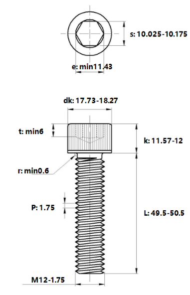 Lục Giác Chìm Đầu Trụ Thép Mạ Kẽm Trắng Cr3+ 12.9 DIN912 M12x50_drawing