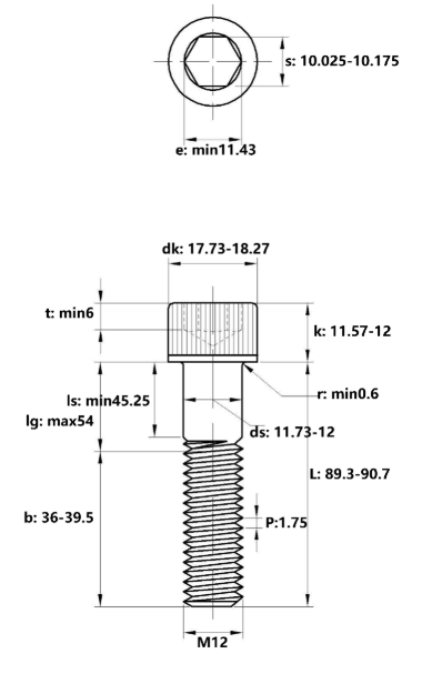 Lục Giác Chìm Đầu Trụ Thép Mạ Kẽm Trắng Cr3+ 12.9 DIN912 M12x90 Ren Lửng_drawing