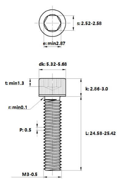 Lục Giác Chìm Đầu Trụ Thép Mạ Kẽm Trắng Cr3+ 12.9 DIN912 M3x25_drawing