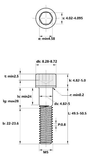Lục Giác Chìm Đầu Trụ Thép Mạ Kẽm Trắng Cr3+ 12.9 DIN912 M5x50 Ren Lửng_drawing