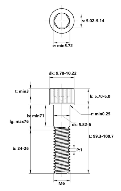Lục Giác Chìm Đầu Trụ Thép Mạ Kẽm Trắng Cr3+ 12.9 DIN912 M6x100 Ren Lửng_drawing