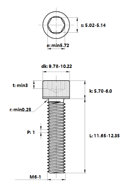Lục Giác Chìm Đầu Trụ Thép Mạ Kẽm Trắng Cr3+ 12.9 DIN912 M6x12_drawing