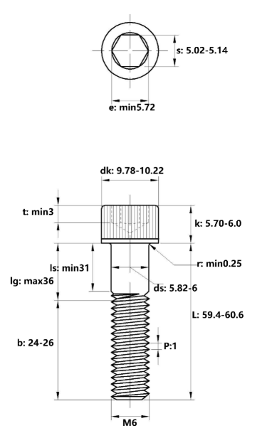 Lục Giác Chìm Đầu Trụ Thép Mạ Kẽm Trắng Cr3+ 12.9 DIN912 M6x60 Ren Lửng_drawing
