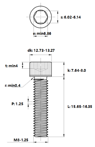 Lục Giác Chìm Đầu Trụ Thép Mạ Kẽm Trắng Cr3+ 12.9 DIN912 M8x16_drawing