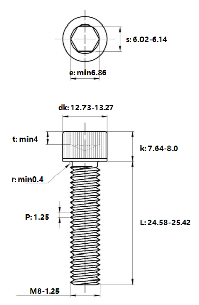 Lục Giác Chìm Đầu Trụ Thép Mạ Kẽm Trắng Cr3+ 12.9 DIN912 M8x25_drawing