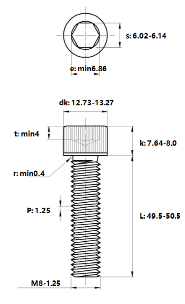 Lục Giác Chìm Đầu Trụ Thép Mạ Kẽm Trắng Cr3+ 12.9 DIN912 M8x50_drawing