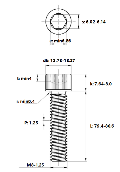 Lục Giác Chìm Đầu Trụ Thép Mạ Kẽm Trắng Cr3+ 12.9 DIN912 M8x80_drawing