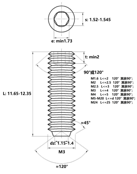 Vít Trí Đuôi Lõm Inox 304 DIN916 M3x12_drawing