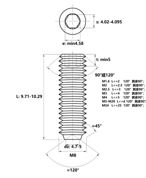 Vít Trí Đuôi Lõm Inox 304 DIN916 M8x10_drawing