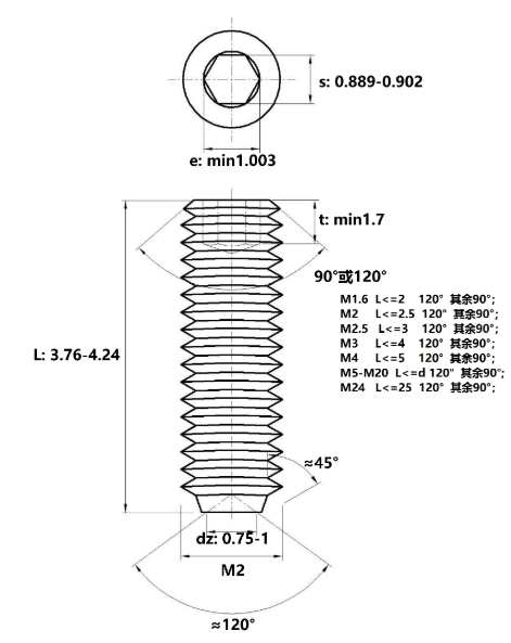 Vít Trí Đuôi Lõm Inox 304 DIN916 M2x4_drawing