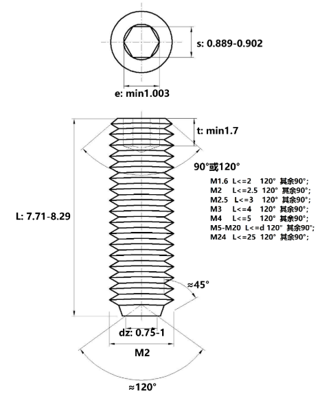 Vít Trí Đuôi Lõm Inox 304 DIN916 M2x8_drawing