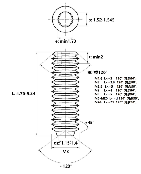 Vít Trí Đuôi Lõm Inox 304 DIN916 M3x5_drawing
