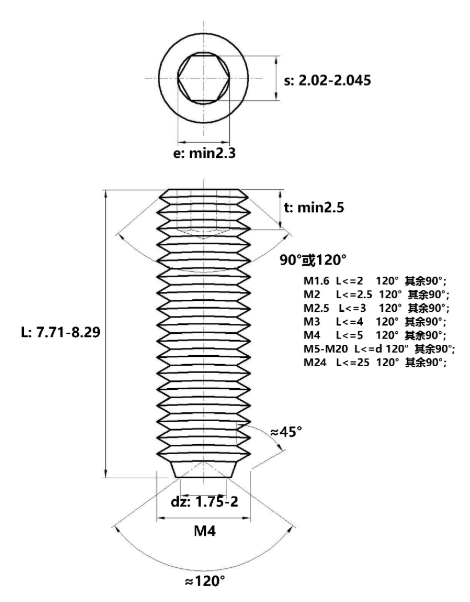 Vít Trí Đuôi Lõm Inox 304 DIN916 M4x8_drawing