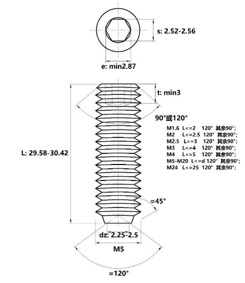 Vít Trí Đuôi Lõm Inox 304 DIN916 M5x30_drawing