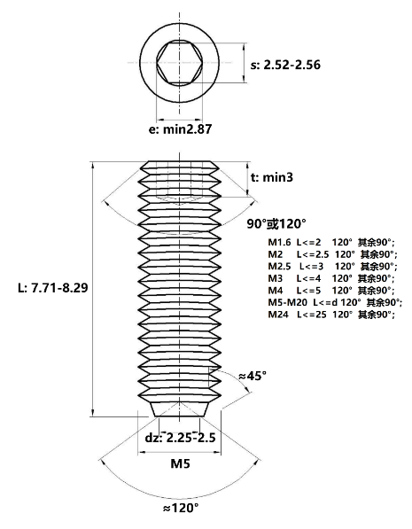 Vít Trí Đuôi Lõm Inox 304 DIN916 M5x8_drawing