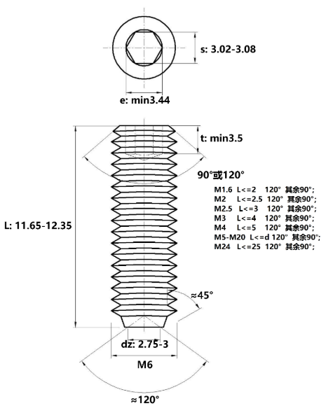 Vít Trí Đuôi Lõm Inox 304 DIN916 M6x12_drawing