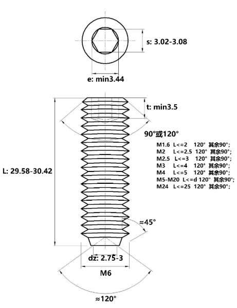 Vít Trí Đuôi Lõm Inox 304 DIN916 M6x30_drawing