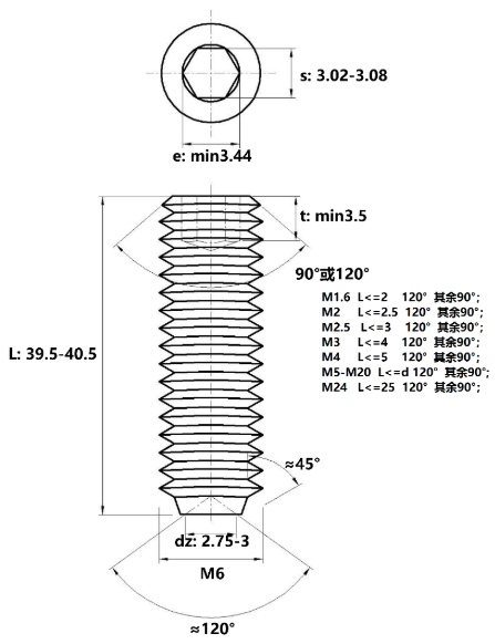 Vít Trí Đuôi Lõm Inox 304 DIN916 M6x40_drawing