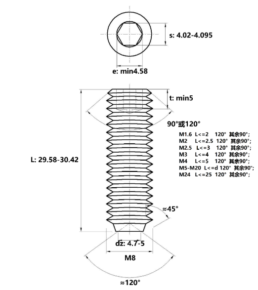 Vít Trí Đuôi Lõm Inox 304 DIN916 M8x30_drawing