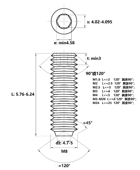 Vít Trí Đuôi Lõm Inox 304 DIN916 M8x6_drawing