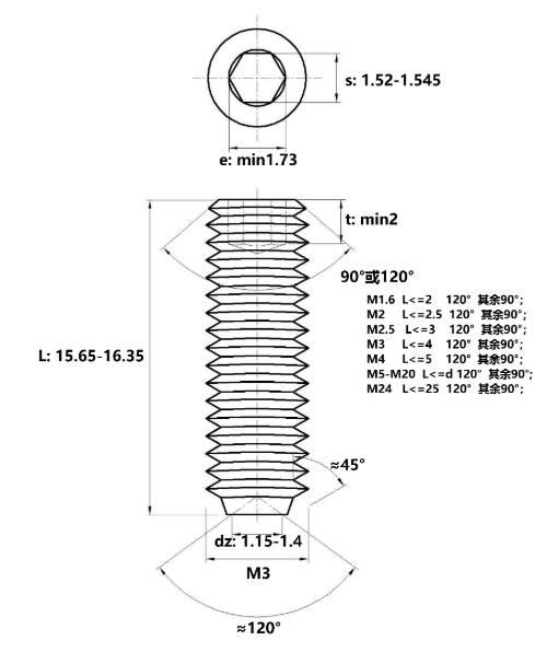 Vít Trí Đuôi Lõm Inox 316 DIN916 M3x16_drawing
