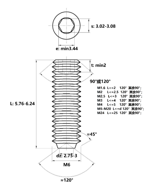 Vít Trí Đuôi Lõm Inox 316 DIN916 M6x6_drawing