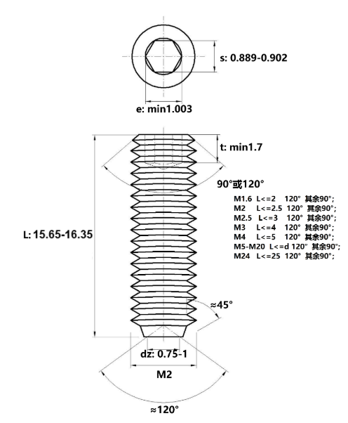 Vít Trí Đuôi Lõm Inox 304 DIN916 M2x16_drawing
