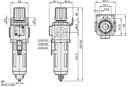 Bộ Lọc Khí - Chỉnh Áp Xả Tự Động Parker Size 1/4 PFR302-02-D_drawing