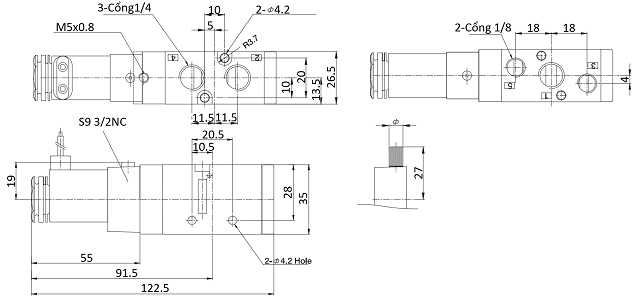 Van Điện Từ Khí Nén Solenoid 5/2 1 Coil Parker Size PT1/4 PHS-520S-02-220V_drawing