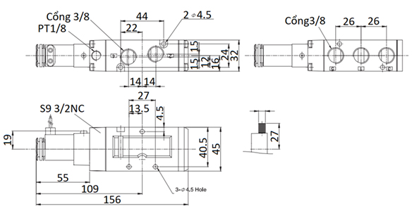 Van Điện Từ Khí Nén Solenoid 5/2 1 Coil Parker Size PT3/8 PHS-530S-03-220V_drawing