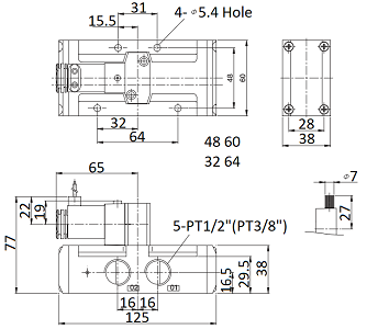 Van Điện Từ Khí Nén Solenoid 5/2 1 Coil Parker Size PT1/2 PHS-540S-15-220V_drawing