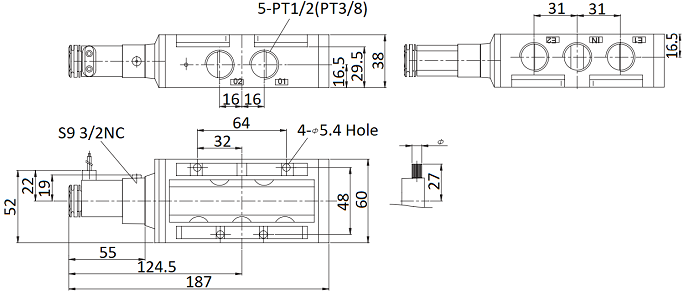 Van Điện Từ Khí Nén Solenoid 5/2 1 Coil Parker Size PT1/2 PHS-541S-15-220V_drawing