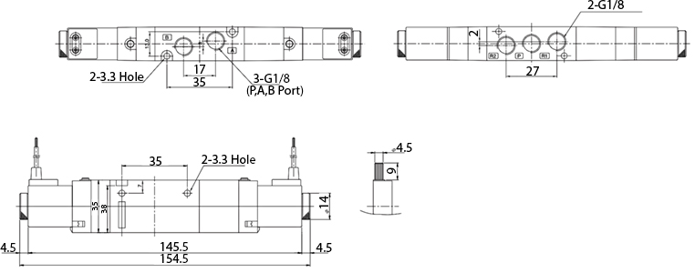 Van Điện Từ Khí Nén Solenoid 5/3 2 Coil Parker Size PT1/8 PHS-510C-6-24V_drawing