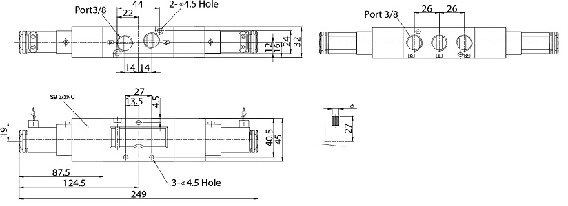 Van Điện Từ Khí Nén Solenoid 5/3 2 Coil Parker Size PT3/8 PHS-530C-03-220V_drawing