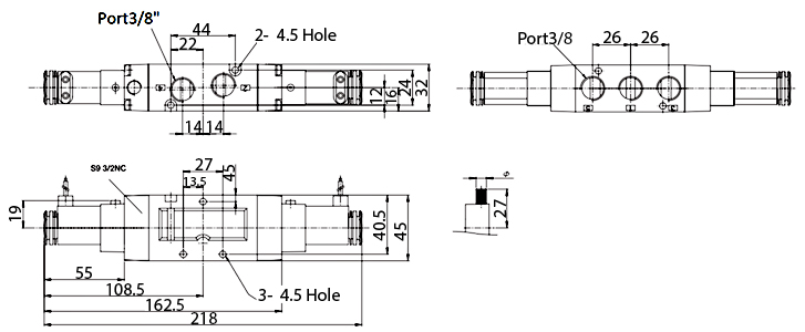 Van Điện Từ Khí Nén Solenoid 5/2 2 Coil Parker Size PT3/8 PHS-530D-03-220V_drawing