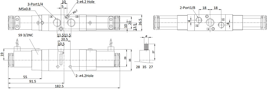 Van Điện Từ Khí Nén Solenoid 5/2 2 Coil Parker Size PT1/4 PHS-520D-02-220V_drawing