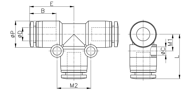 Đầu Nối Khí Ngã 3 Phi 16 mm CDC PUT16 (MPUT16)_drawing